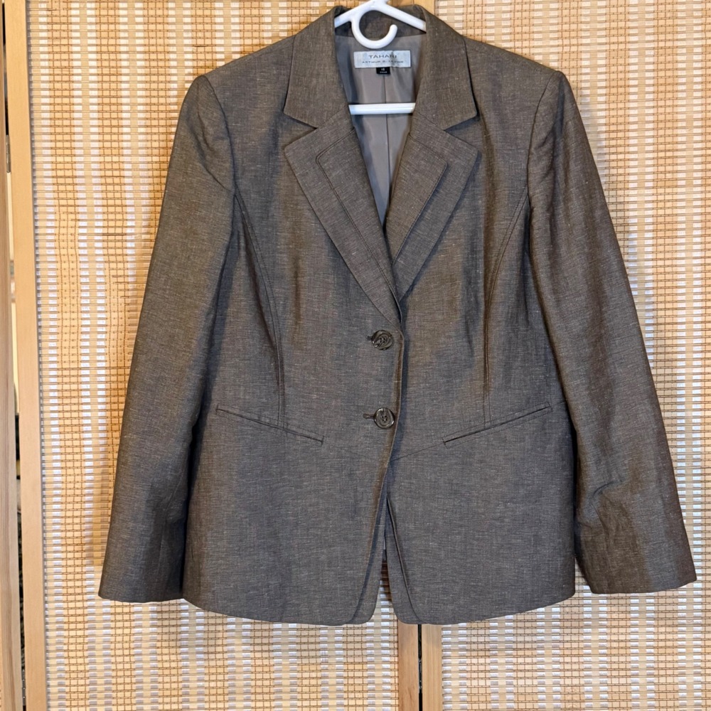 Tahari Arthur S Levine Brown Linen Blend 2 Button Blazer Jacket Womens Size 16